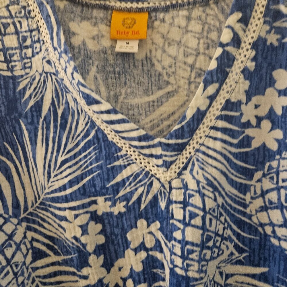 Ruby Boho Vacay tropical 100% cotton Vacay Cruise blue white shirt tie front M - Picture 6 of 7